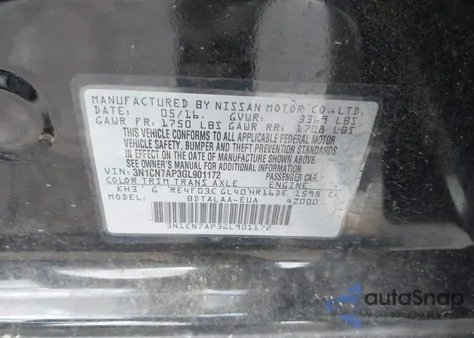 2016 Nissan Versa 1.6 S from USA, damaged, VIN 3N1CN7AP3GL901172